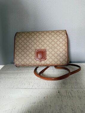 GUC Celine Beige Canvas Monogram Crossbody with Brown Leather Trim